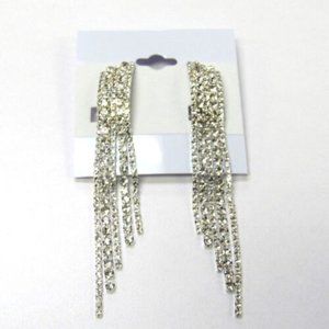 Long Dangle Silver Plated Clear Rhinestone Strand Clip On Chandelier Earrings